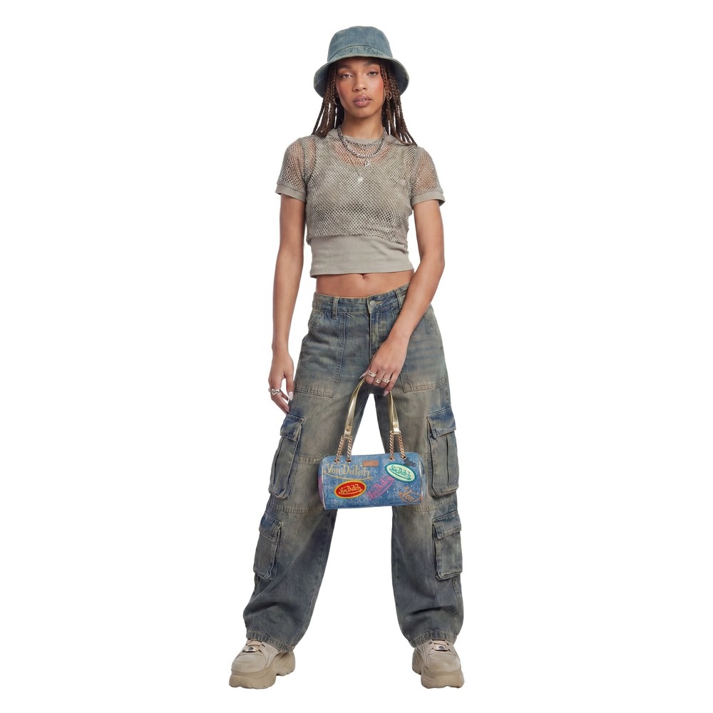 Von Dutch Denim Barrel Bag Y2K Blue Multi Logo Patch Gold Chain Strap Small - Picture 2 of 9
